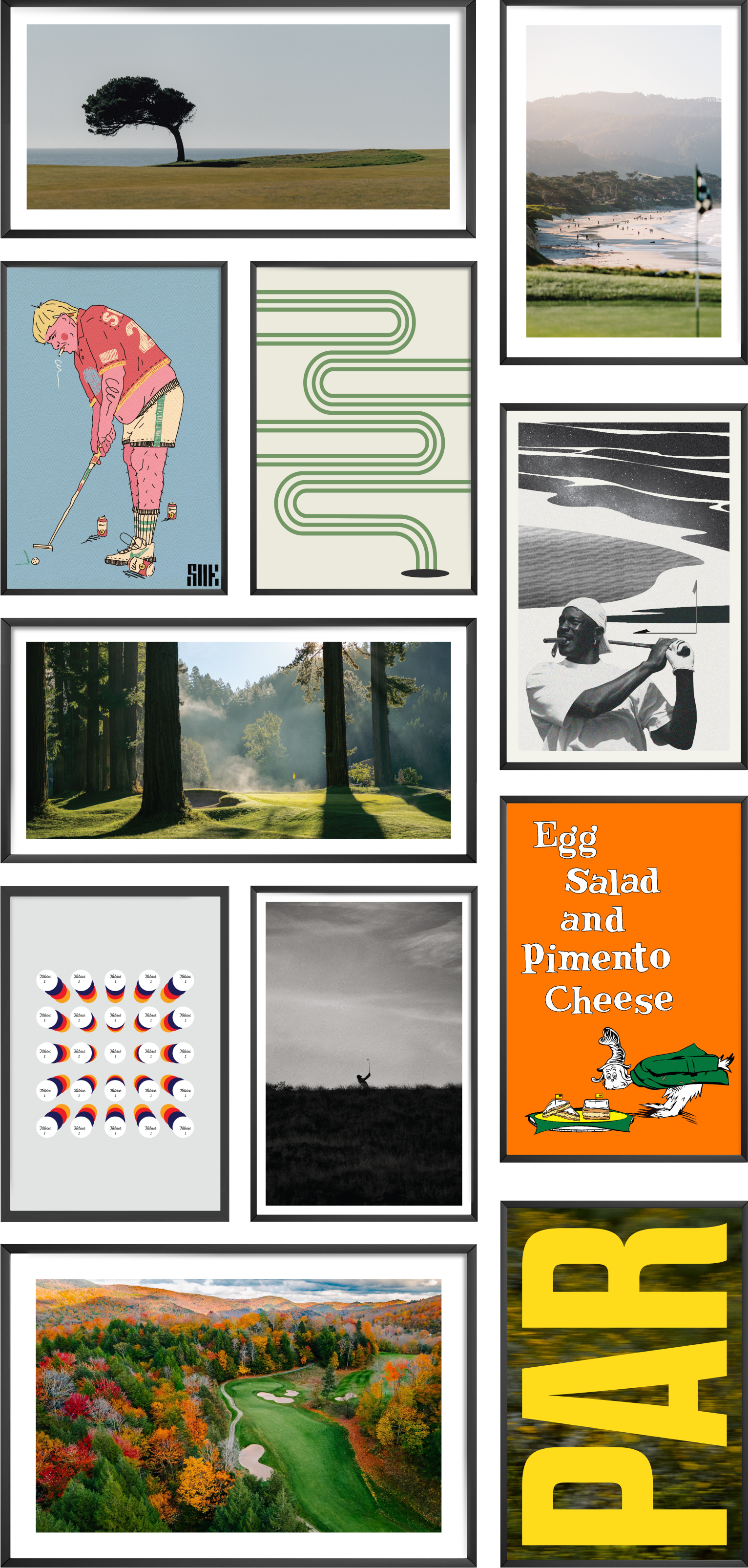 Collage of framed golf art prints